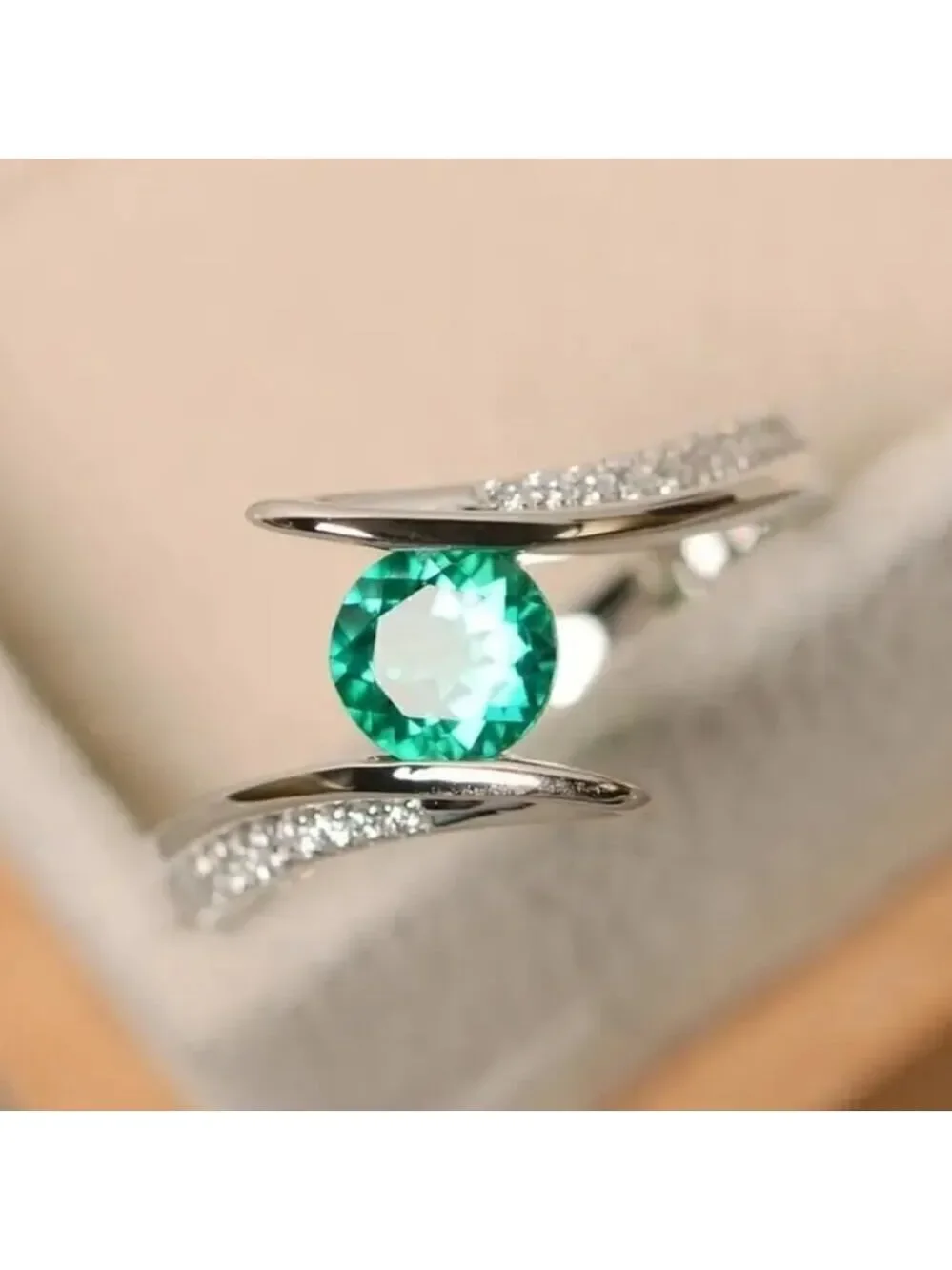 Green Emerald and Zircon Gemstone Ring Silver Plated